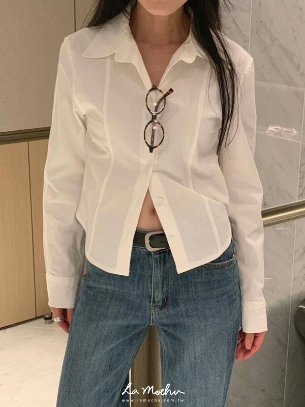 彈性顯腰身排釦素色襯衫